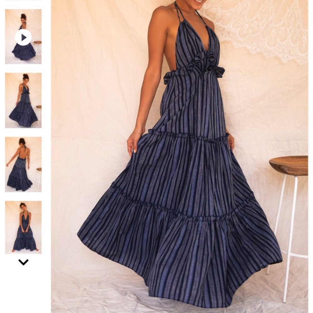 Lulu's Navy Blue Striped Halter Maxi Dress (Size S)